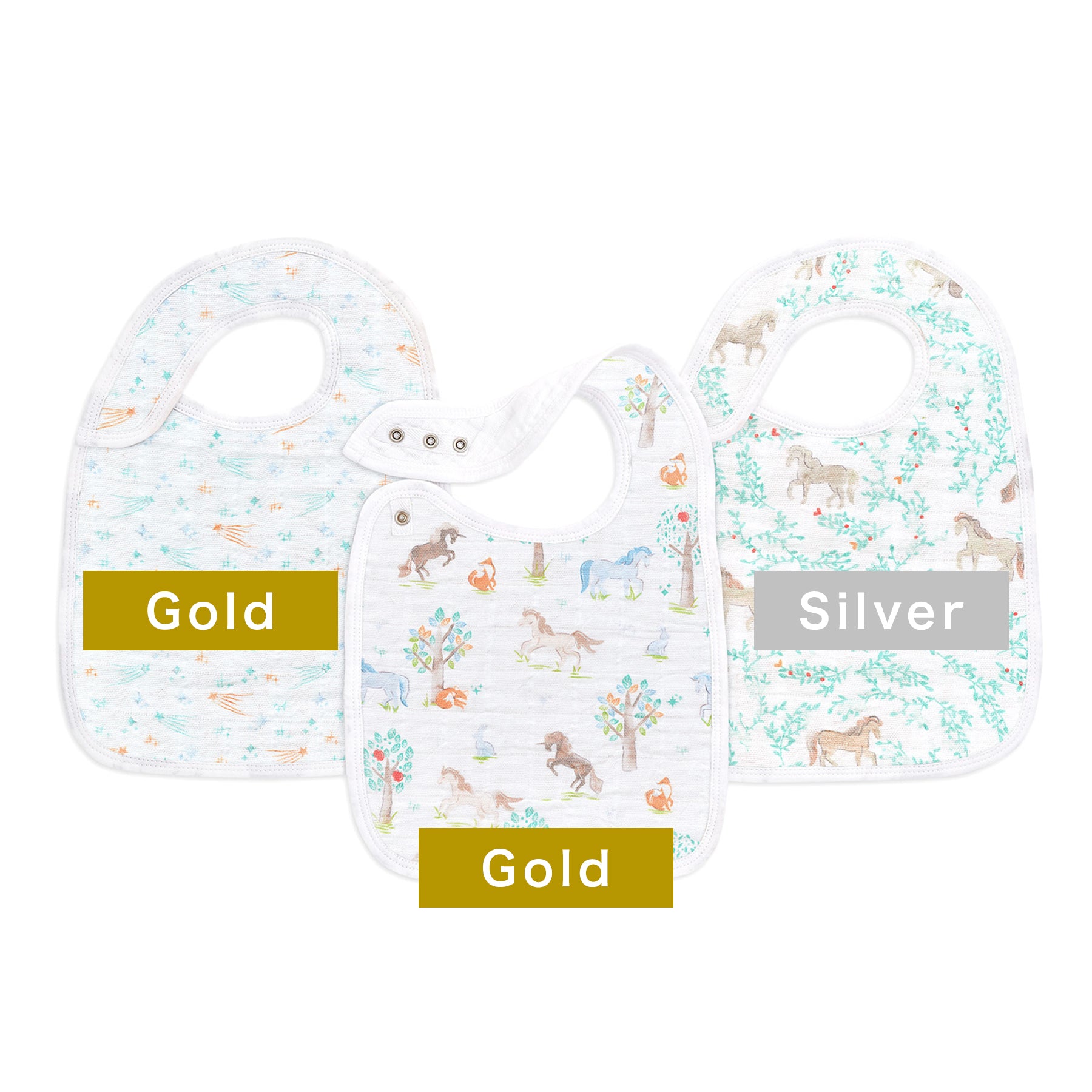【名入れ】[aden + anais] スナップビブ（よだれかけ）- 3枚セット／イヤー オブ ザ ホース×Gold・Silver糸