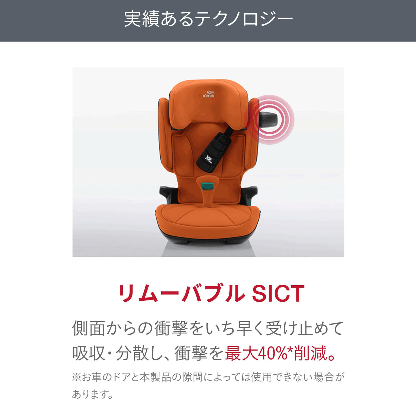 【実績あるテクノロジー／リムーバブル SICT】側面からの衝撃をいち早く受け止めて吸収・分散し、衝撃を最大40%*削減。※お車のドアと本製品の隙間によっては使用できない場合があります。